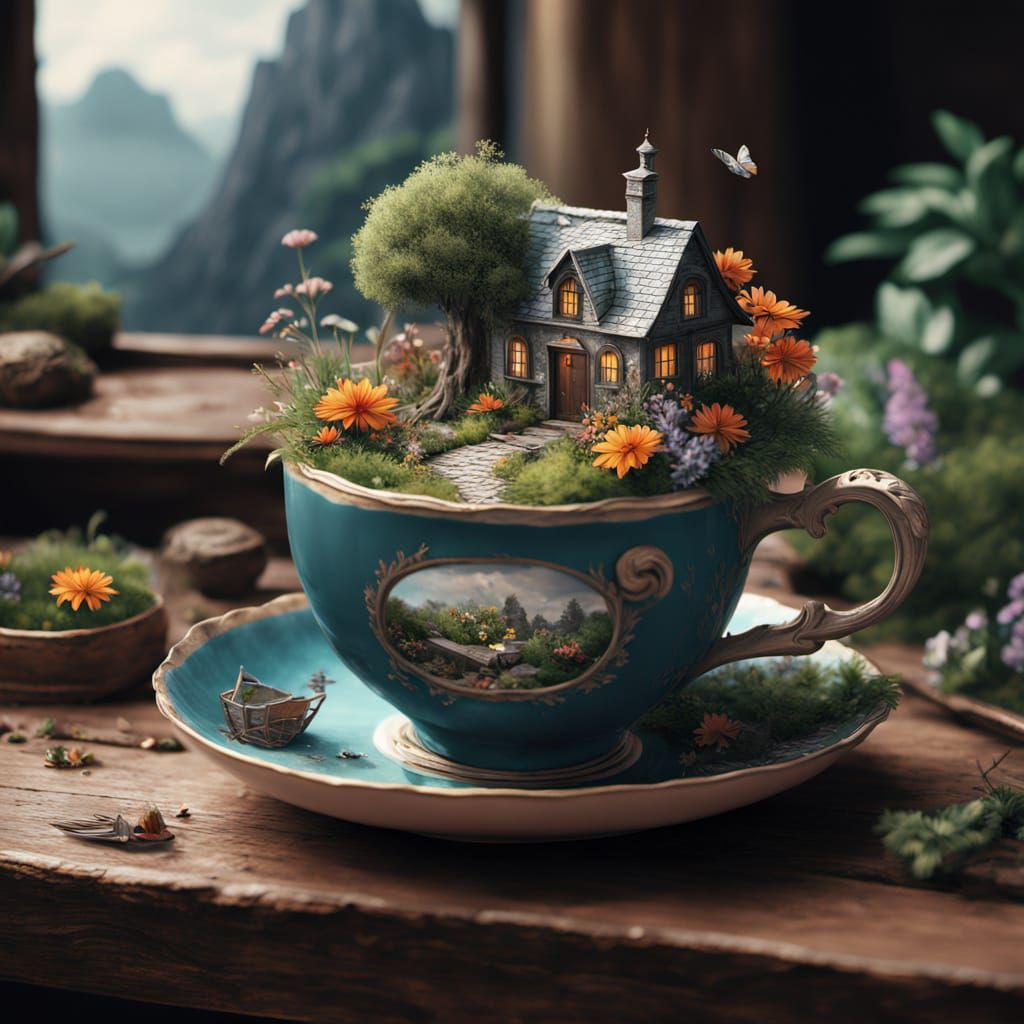 Enchanting Fairy Village in Teacup, Miniature Photography
