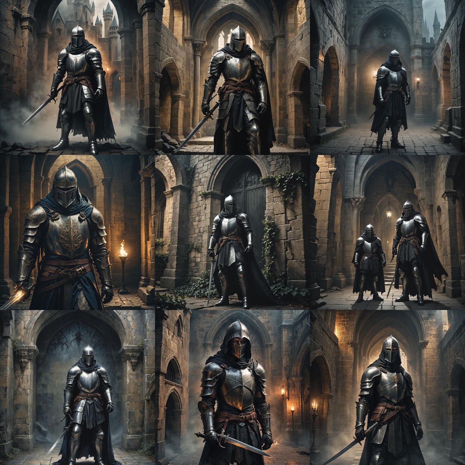 Armored Knight in Gothic Fortress with Sword