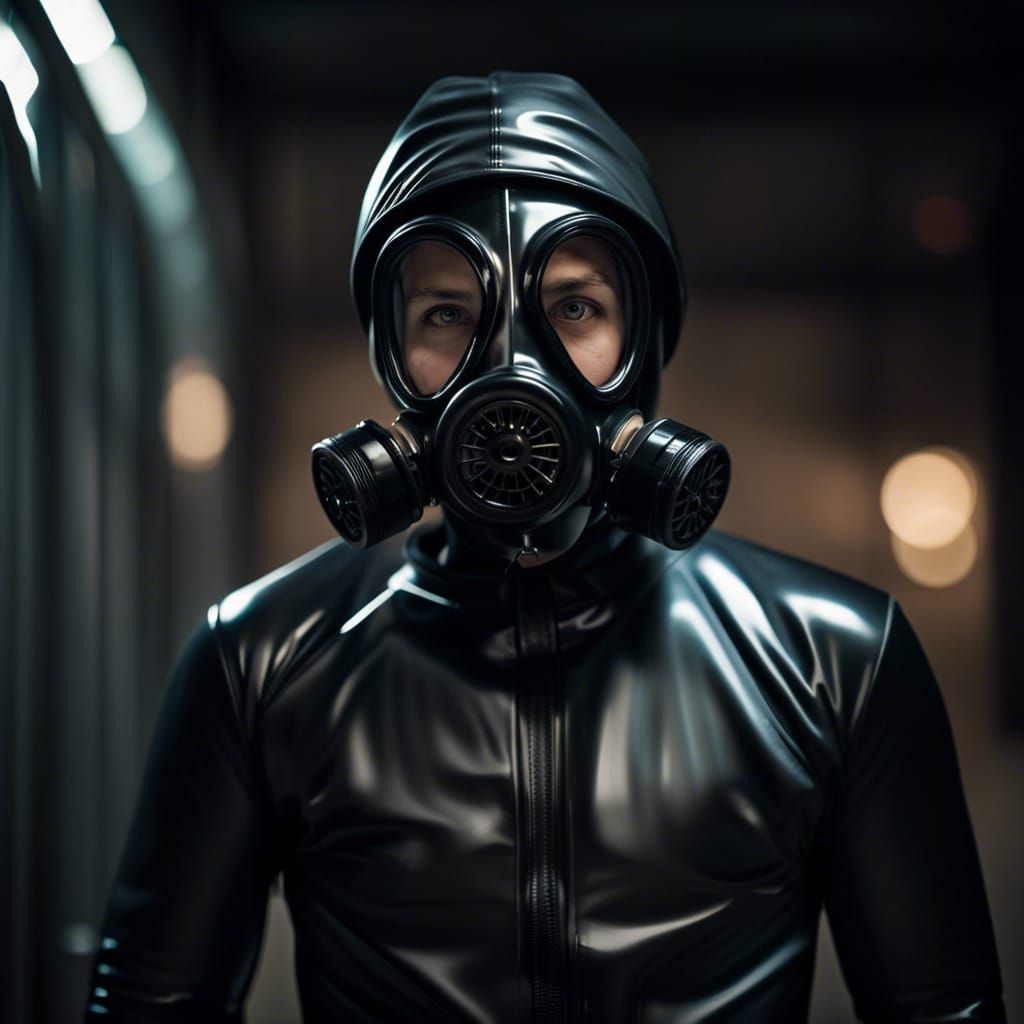 Young Man in Latex Suit with Gas Mask