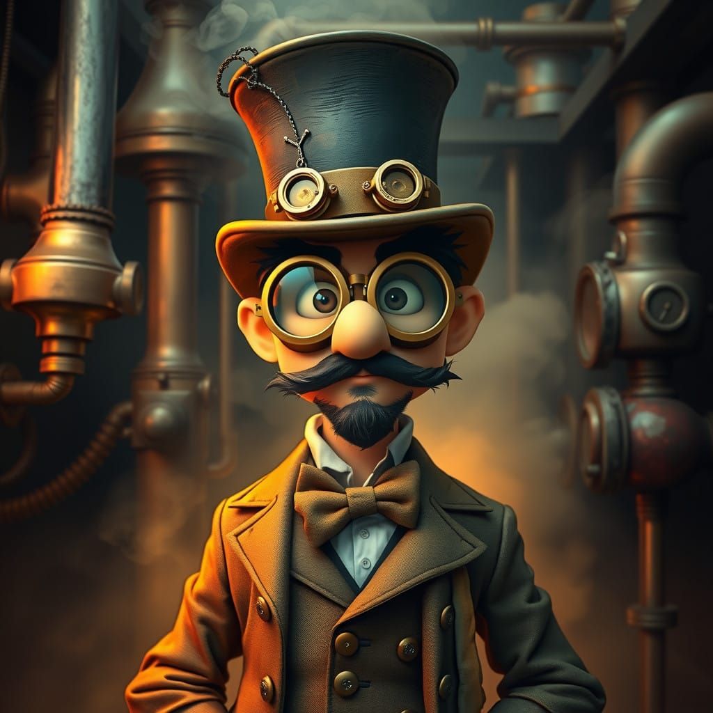 Steampunk Gentleman Amidst Whimsical Copper Pipes