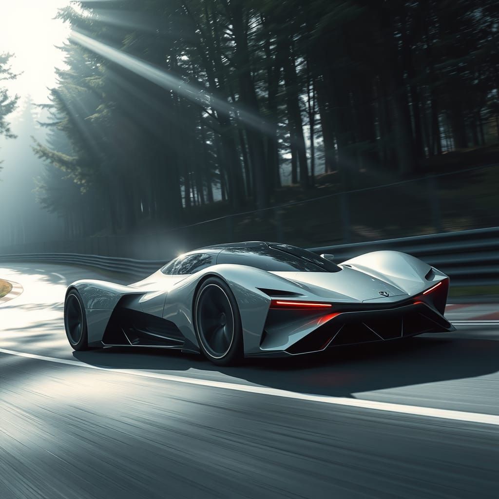 Futuristic Supercar Races Through Misty Forest