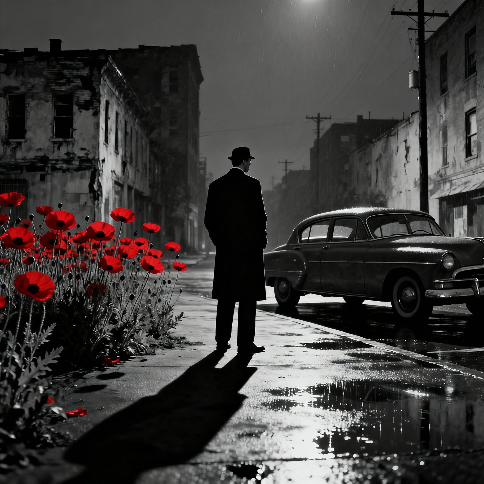 Lone Detective on Rainy Street, Noir Style