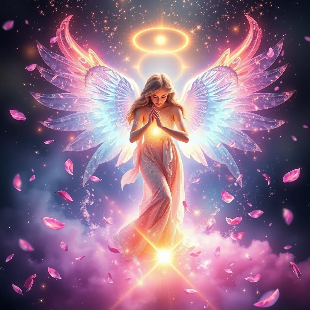 Radiant Angel in Holographic Style with Cosmic Elements