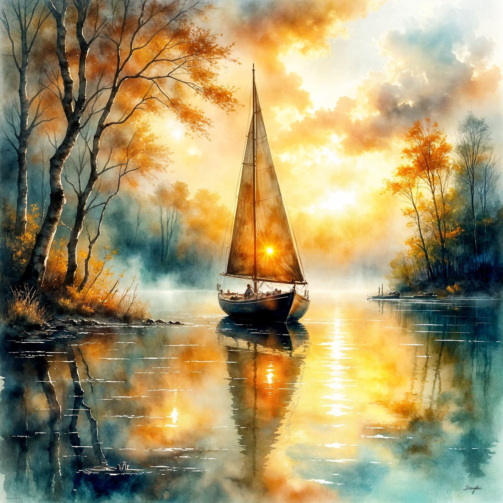 Sailboat in Ethereal Mist with Crepuscular Rays