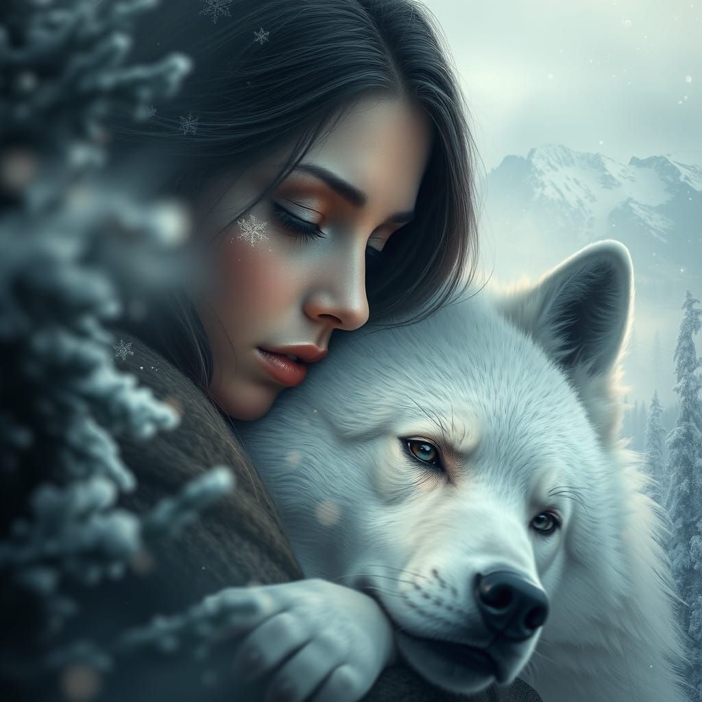Tender Winter Wonderland Scene with Woman and White Wolf