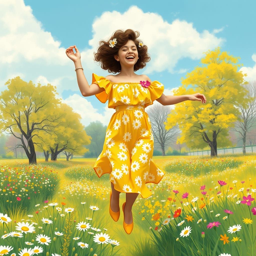 Woman Jumping in Flower Field, Impressionistic Style