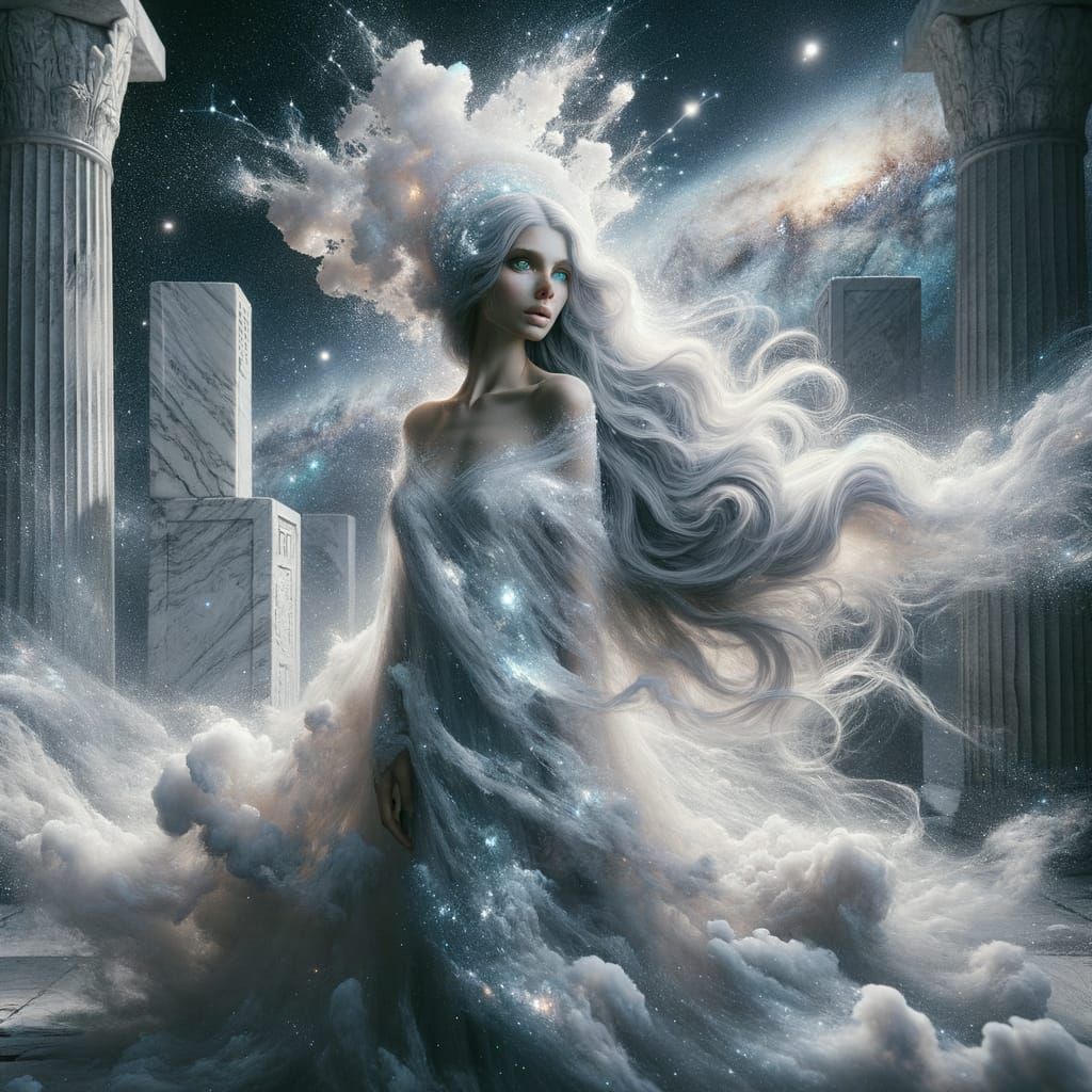 Ethereal Woman in Ruined Temple, Celestial Art
