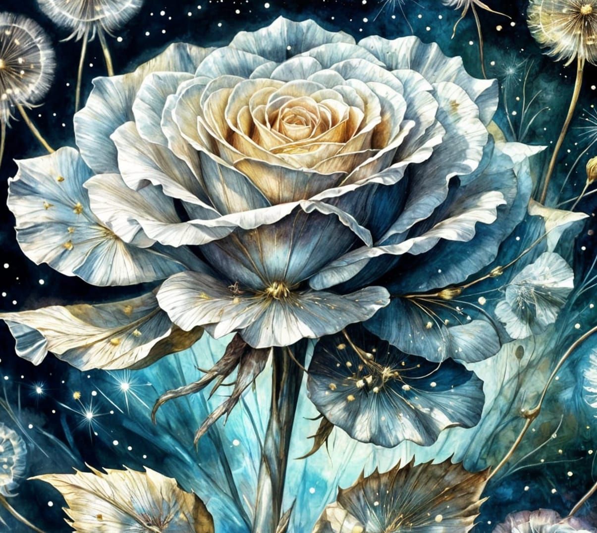 Silver Rose with Dandelions: Vintage Watercolor Art
