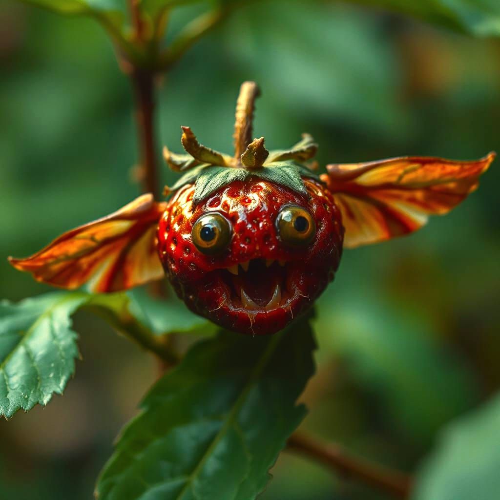 Cinematic Macro Shot of a Flying Strawberry Creature