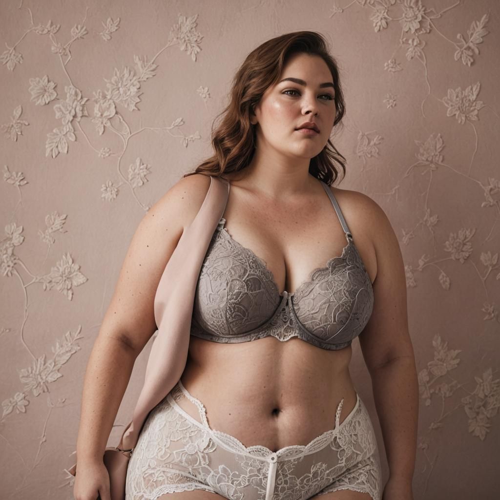 Confident Plus Size Woman in Lace Bra