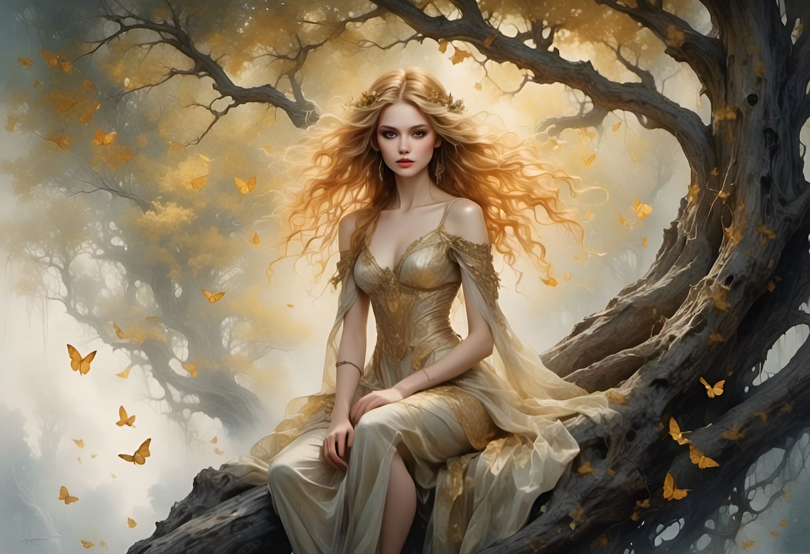 Woman in Tree with Fireflies, Watercolor Style