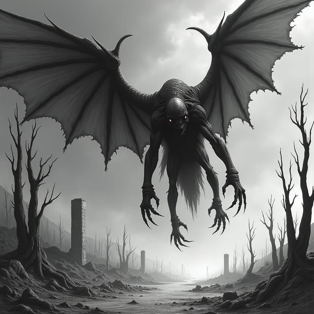 Monstrous Horror Emerges from Wasteland in Charcoal Style