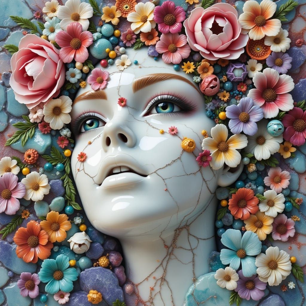 Surreal Gothic Portrait in Marble Veined Grout Style