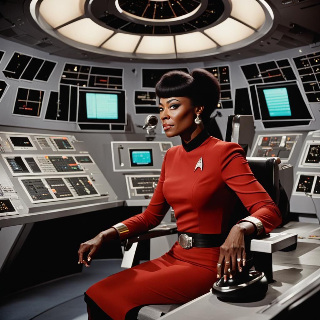 Nichel Nichols as Lt. Uhura sitting ast communication console on bridge of the Enterprise (DC submission)
