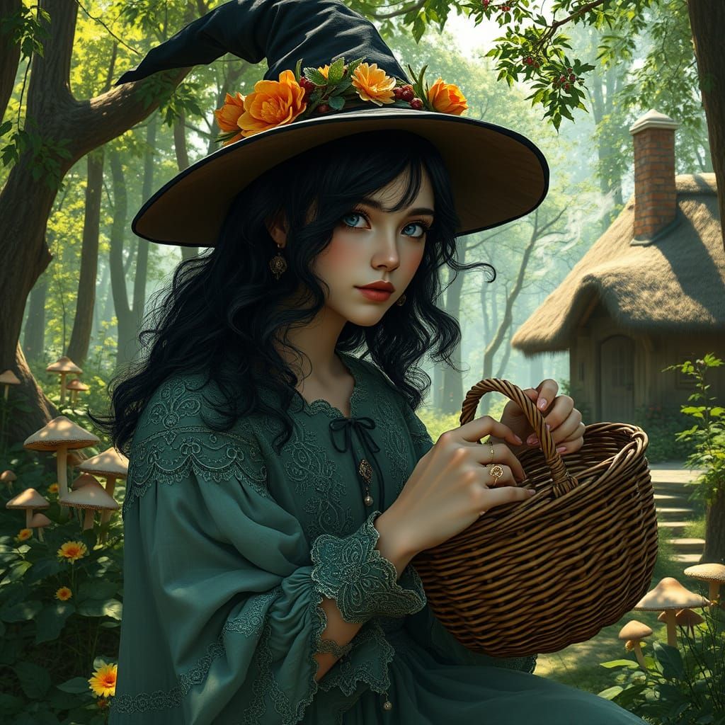 Whimsical Witch in a Sunlit Forest Glade