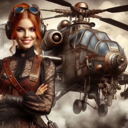 Steampunk Helicopter and Its Beautiful Redhead Pilot