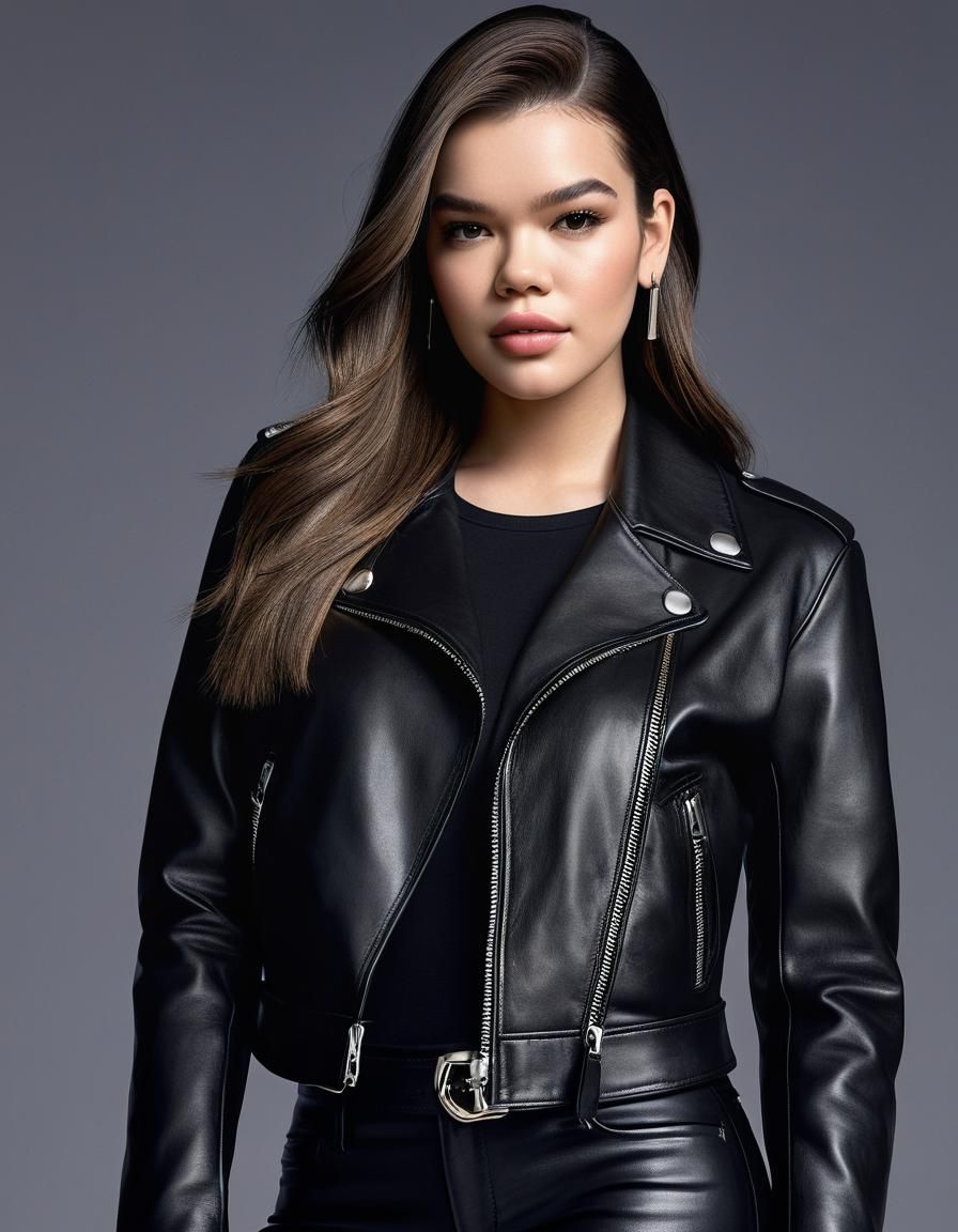 Hailee Steinfeld black leather jacket and pants