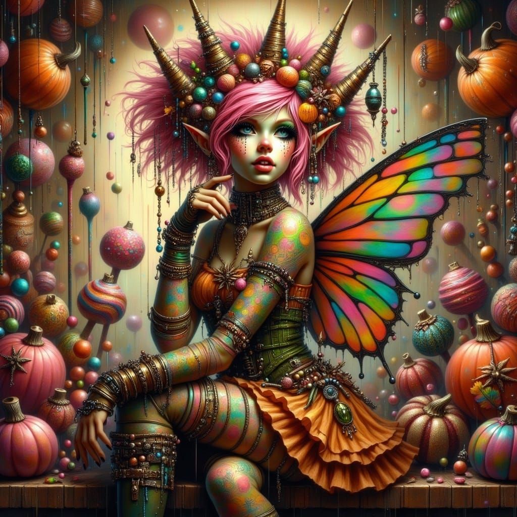Pumpkin Fairy Punk in Candy Store: Hyperrealistic Portrait