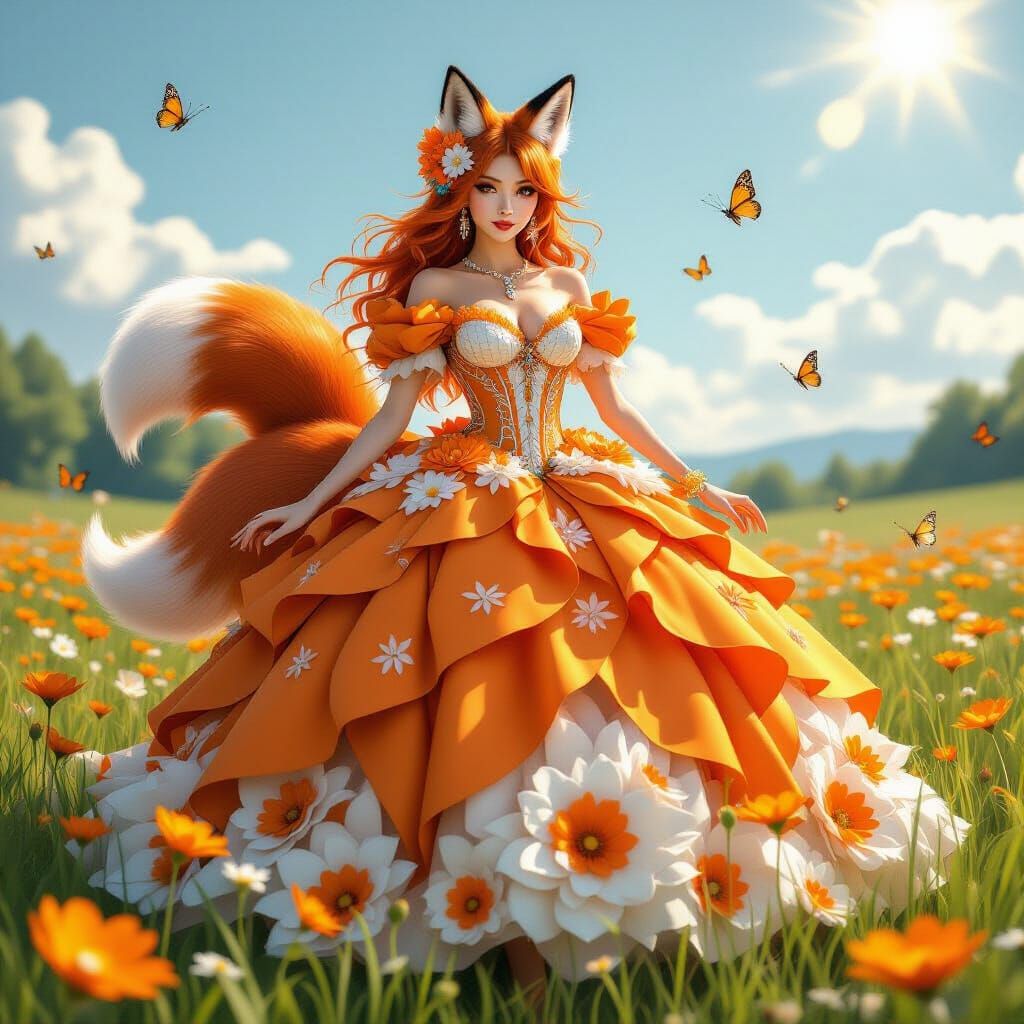 Fox Woman in Floral Ball Gown Posing Majestically