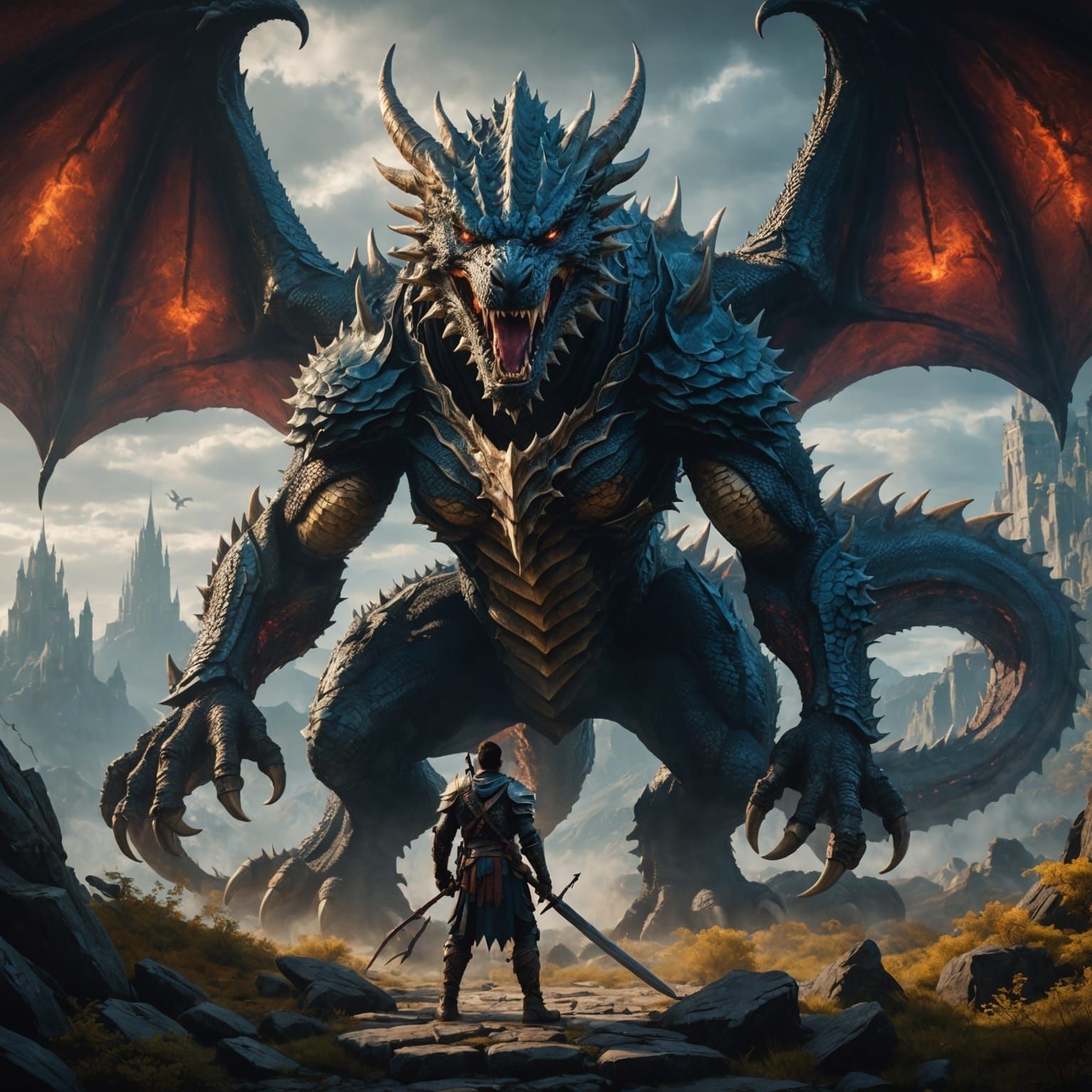 Warrior Confronts Dragon: Detailed Fantasy Art