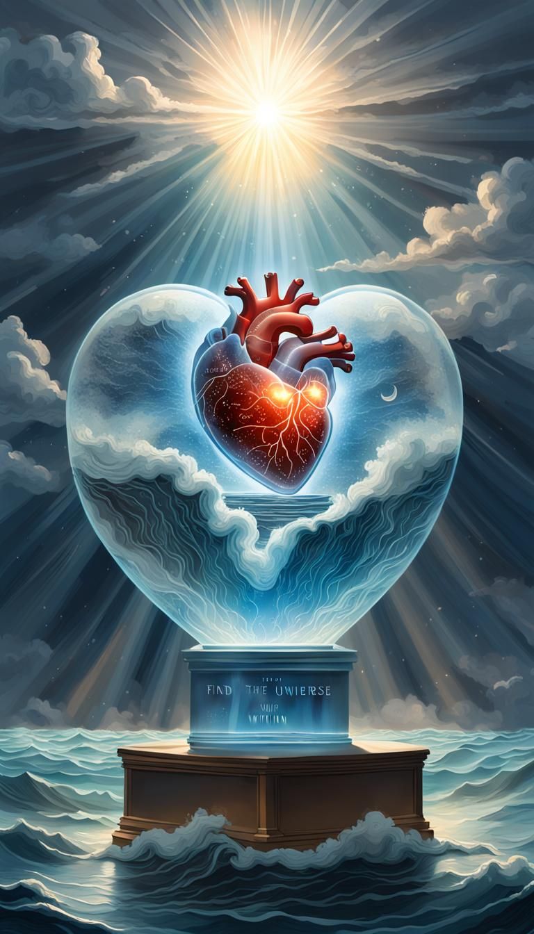 An illustration of a human heart made of translucent glass, standing in a pedestal amidst a stormy sea. Rays of sunlight...