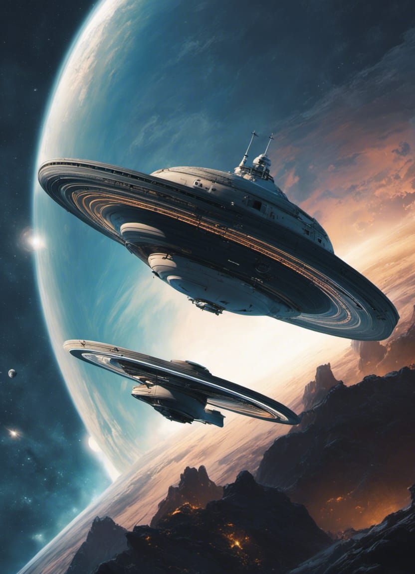 Space Station Orbiting Saturn with Bioluminescent Lighting