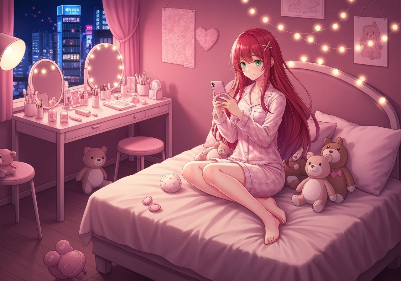 Japanese Woman in Pajamas with Manga-Style Bokeh