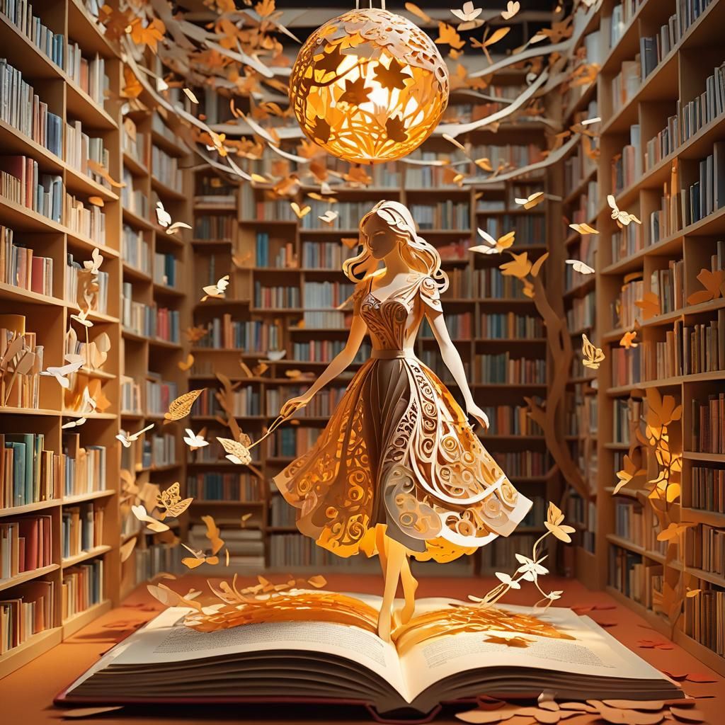 Whimsical Pop-Up Art Fairy Emerges from Book in Cozy Library...