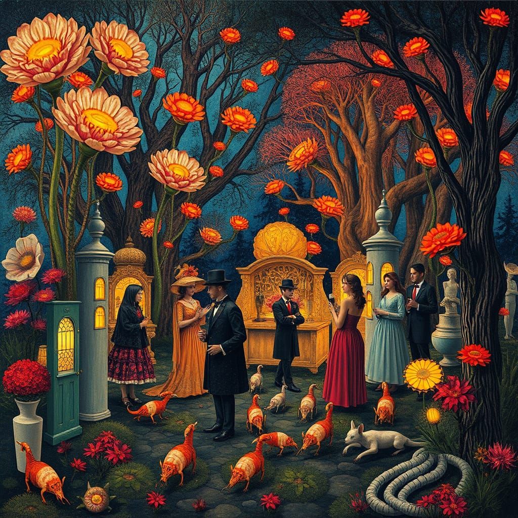 Surreal Garden Party with Bioluminescent Flowers