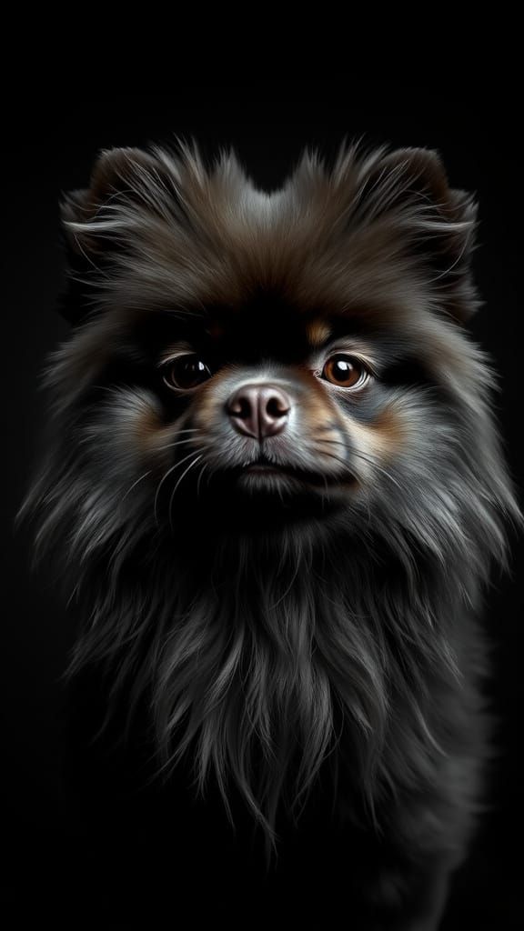 Photorealistic Dark Grey Pomeranian Portrait with Dramatic L...
