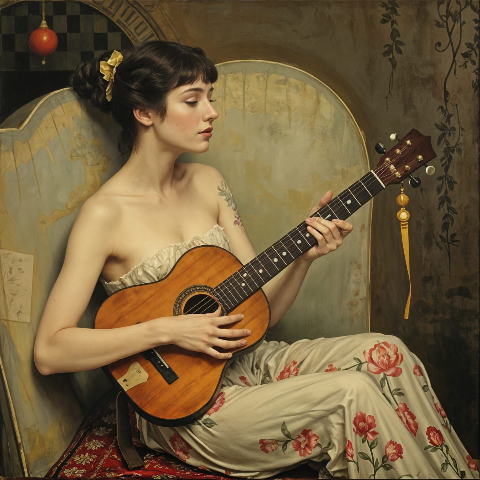 Woman with Guitar in Art Nouveau Style