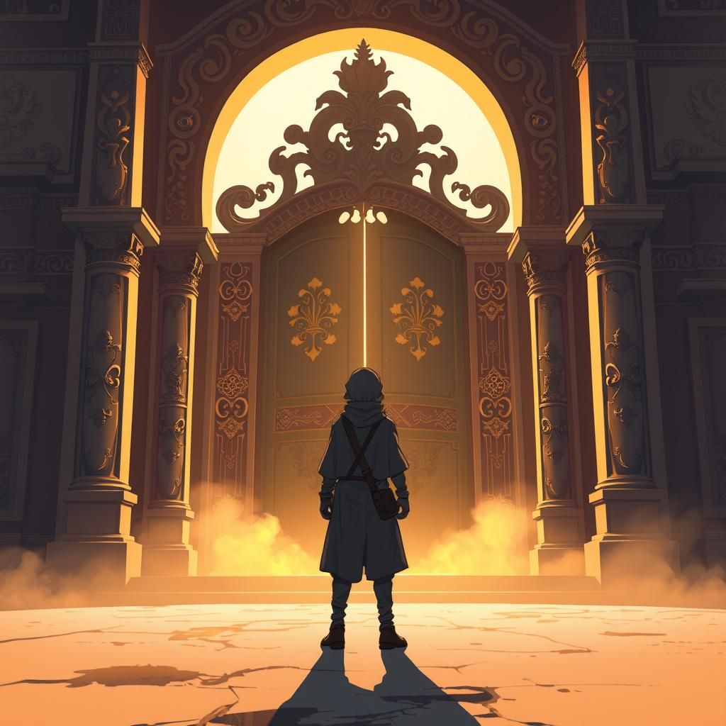 Ornate Gate Opens to Golden Light: Manga-Inspired Art