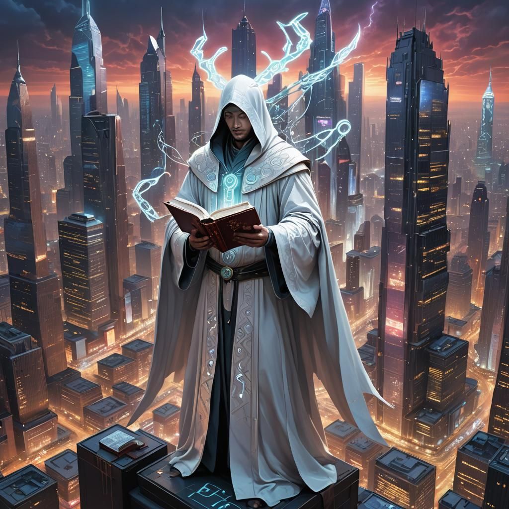 Divine Being with Ancient Book Over Dystopian City