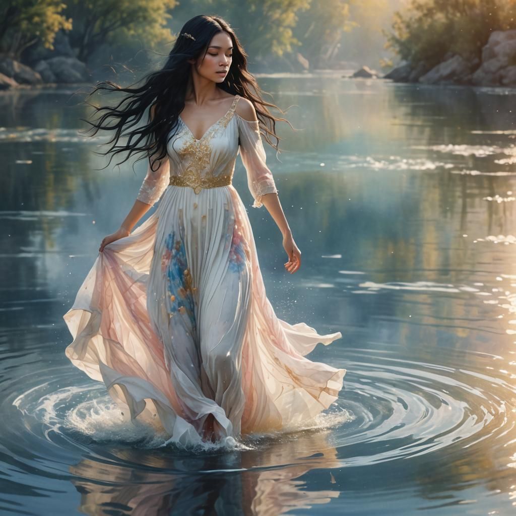 Girl with Long Hair Walking on Water