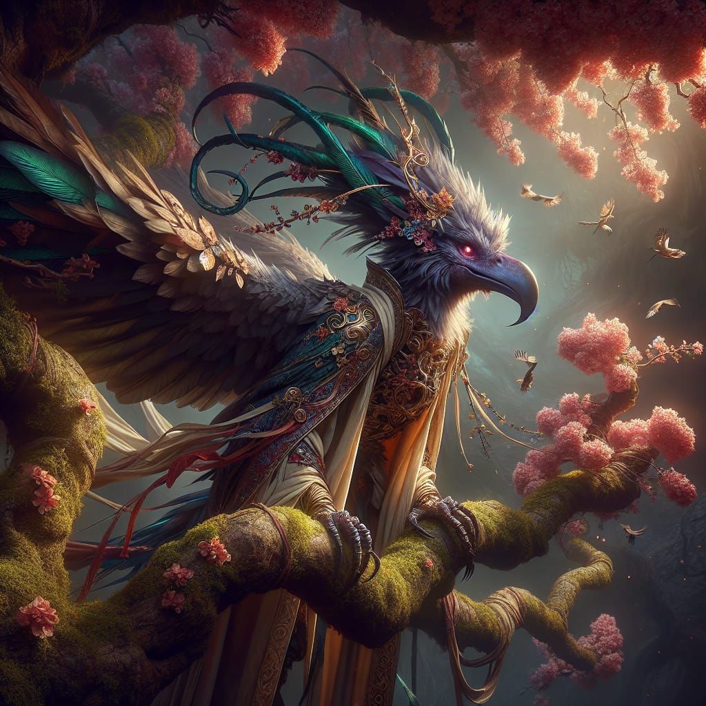 Aarakocra Character in Blossoming Tree, Fantasy Concept Art