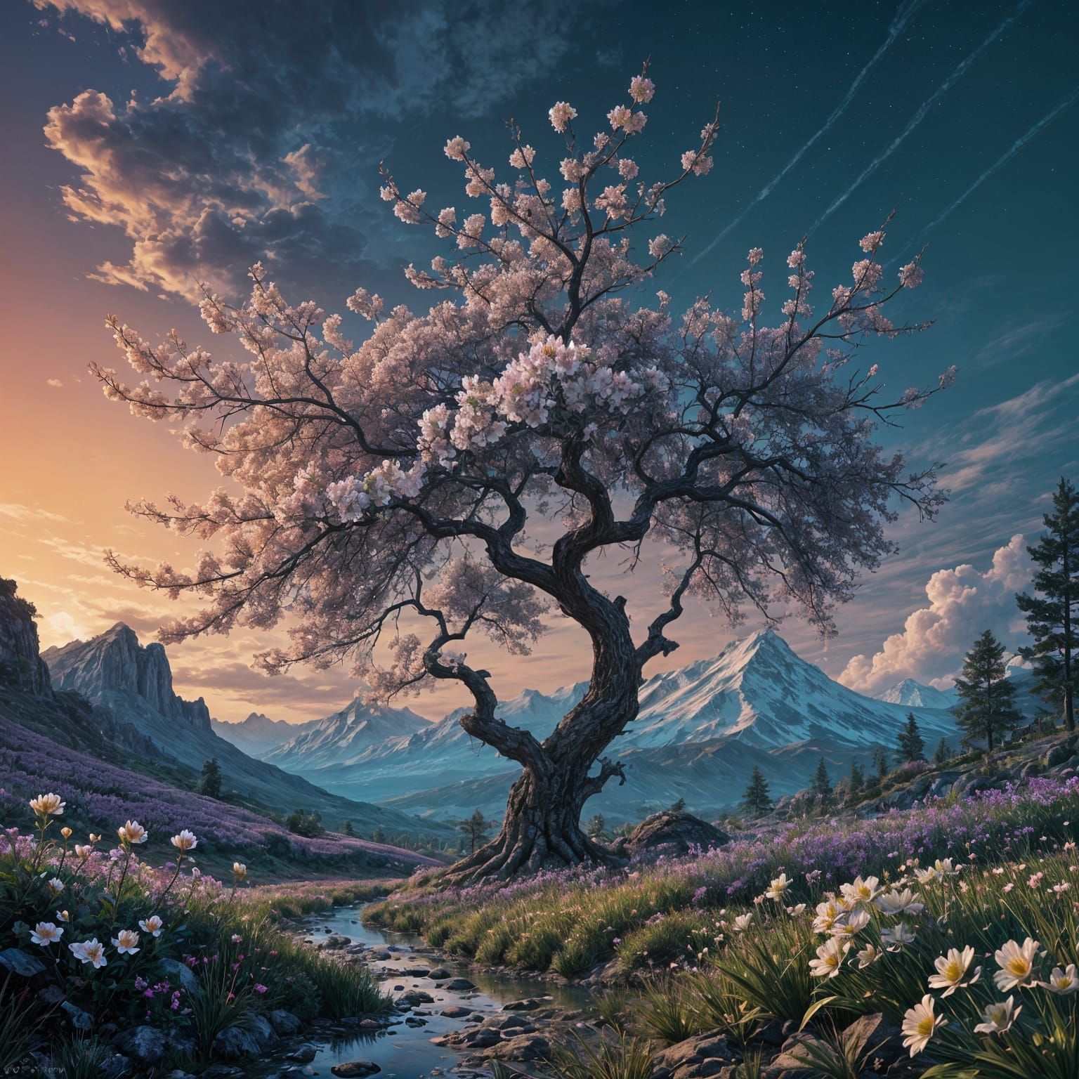 Vibrant Almond Blossom Branch in Fantastical Setting