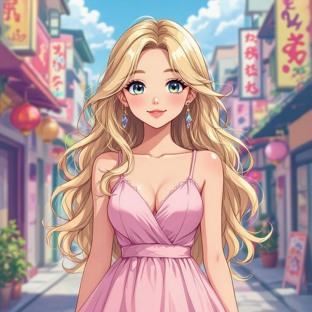 Tan Asian Girl with Blonde Hair in Pastel Dress