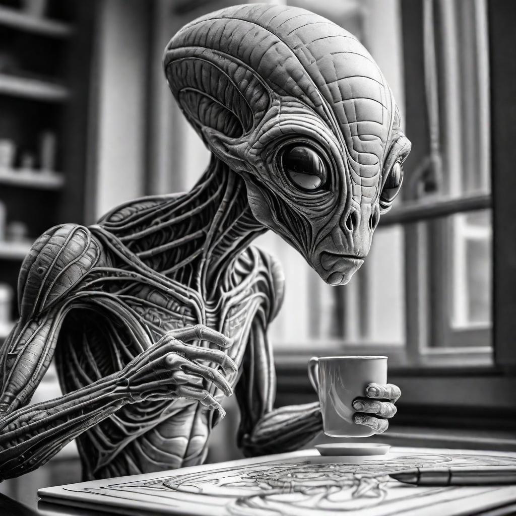 Gray Alien with Coffee: Intricate Line Drawing