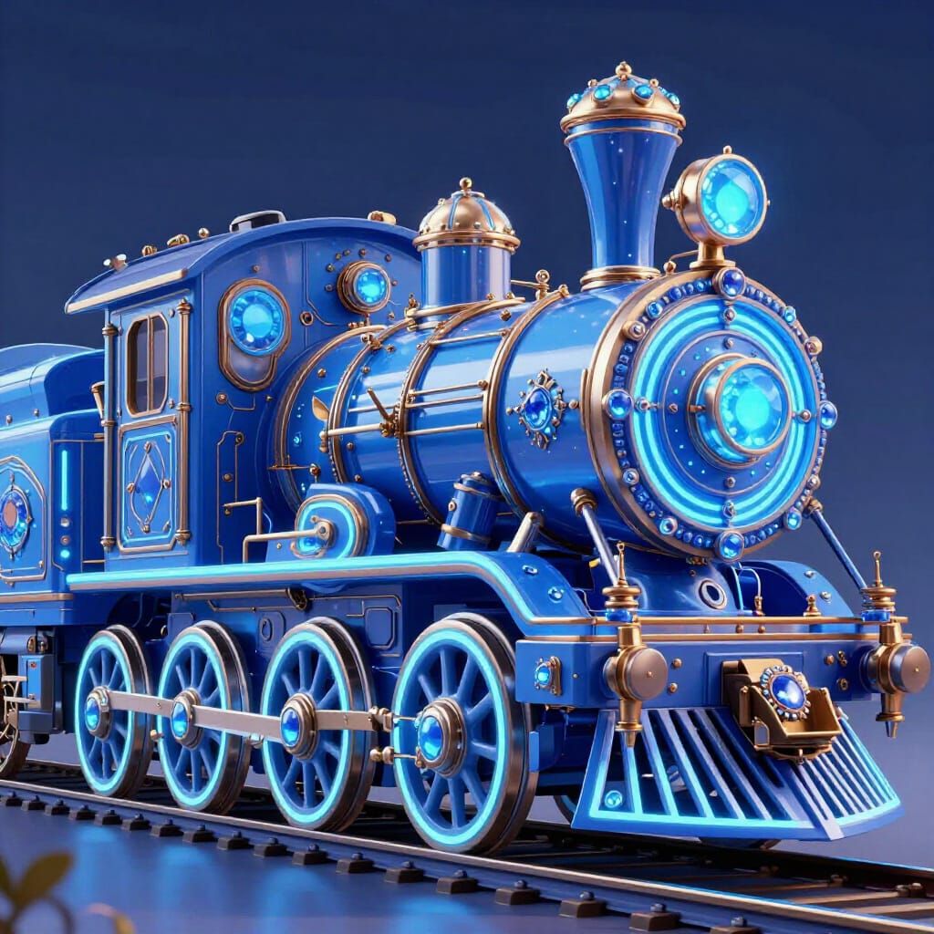 Steampunk Train with Blue Neon Lights and Gemstone Details