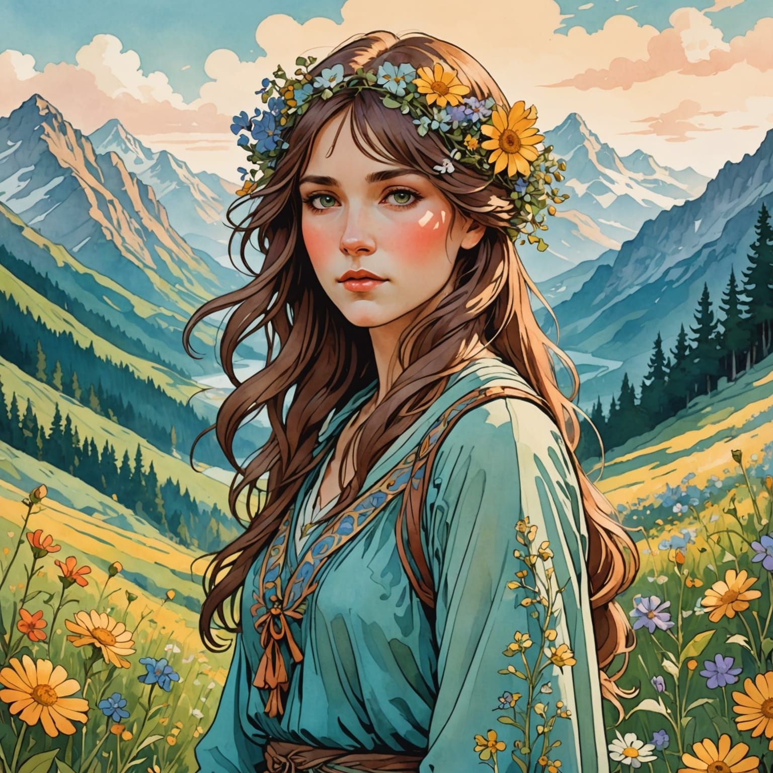 Colorful Mountain Wildflowers in Manga Art Nouveau Style