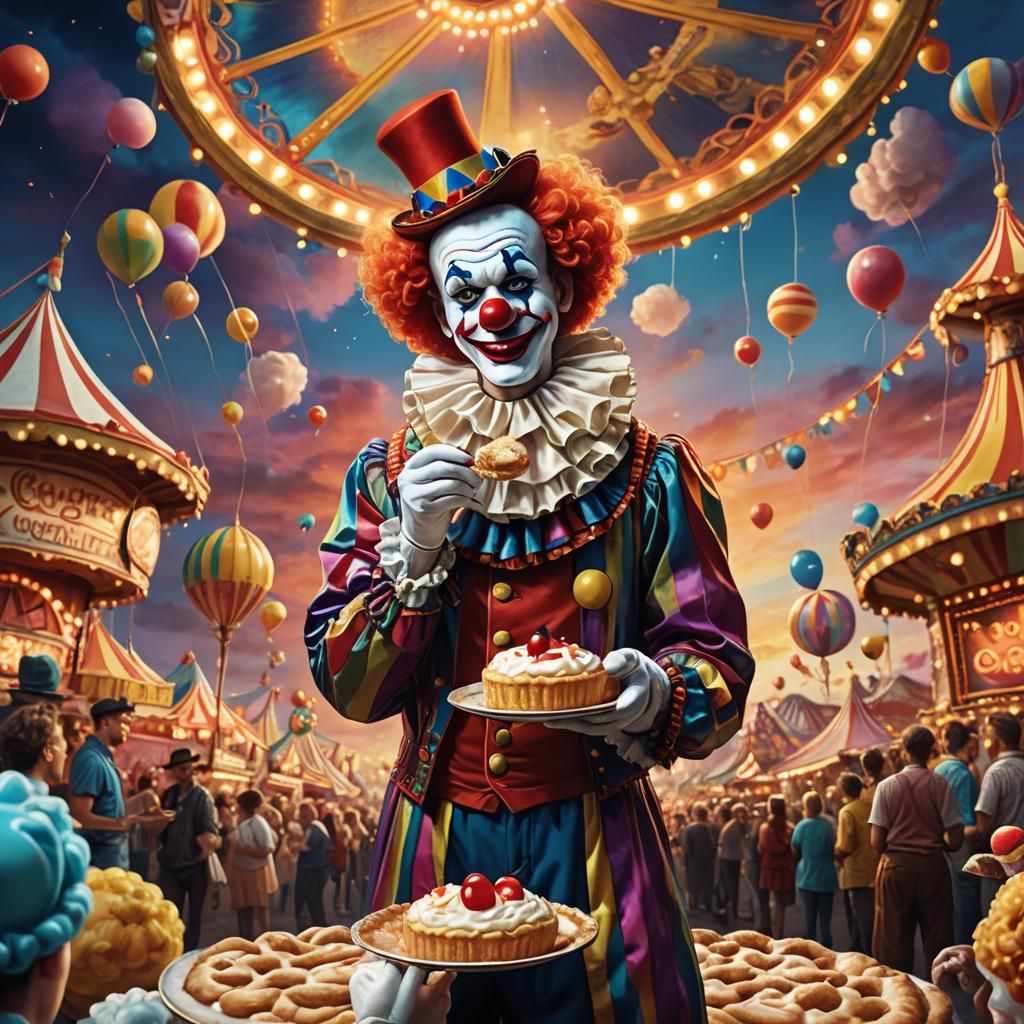 Clown with Pie in Dreamlike Carnival Setting