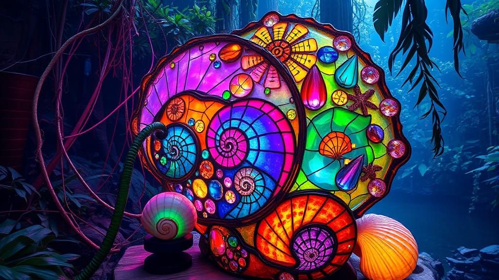 Bioluminescent Stained-Glass Sculpture in Rainforest