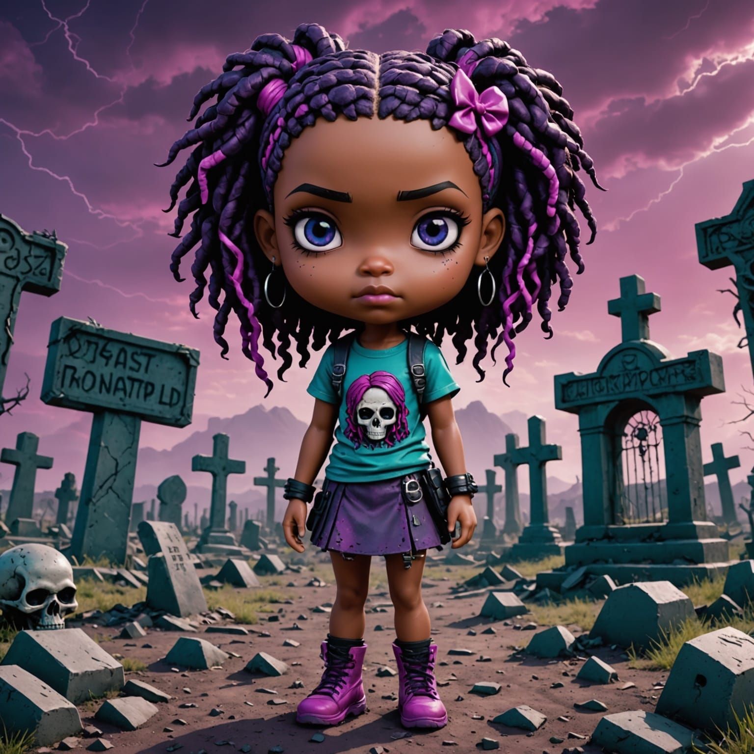 Gothic Chibi Girl in Post-Apocalyptic Graveyard