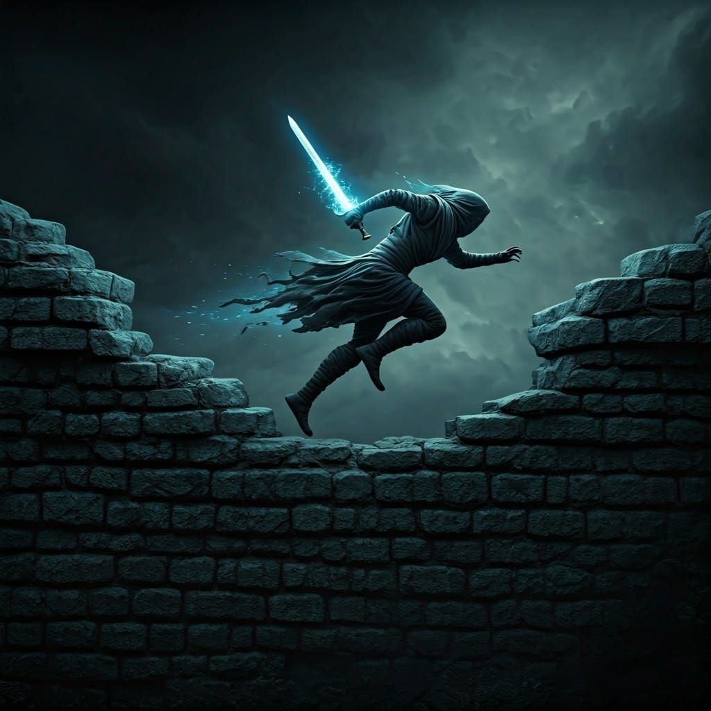 Ethereal Swordsman Running on Ancient Wall