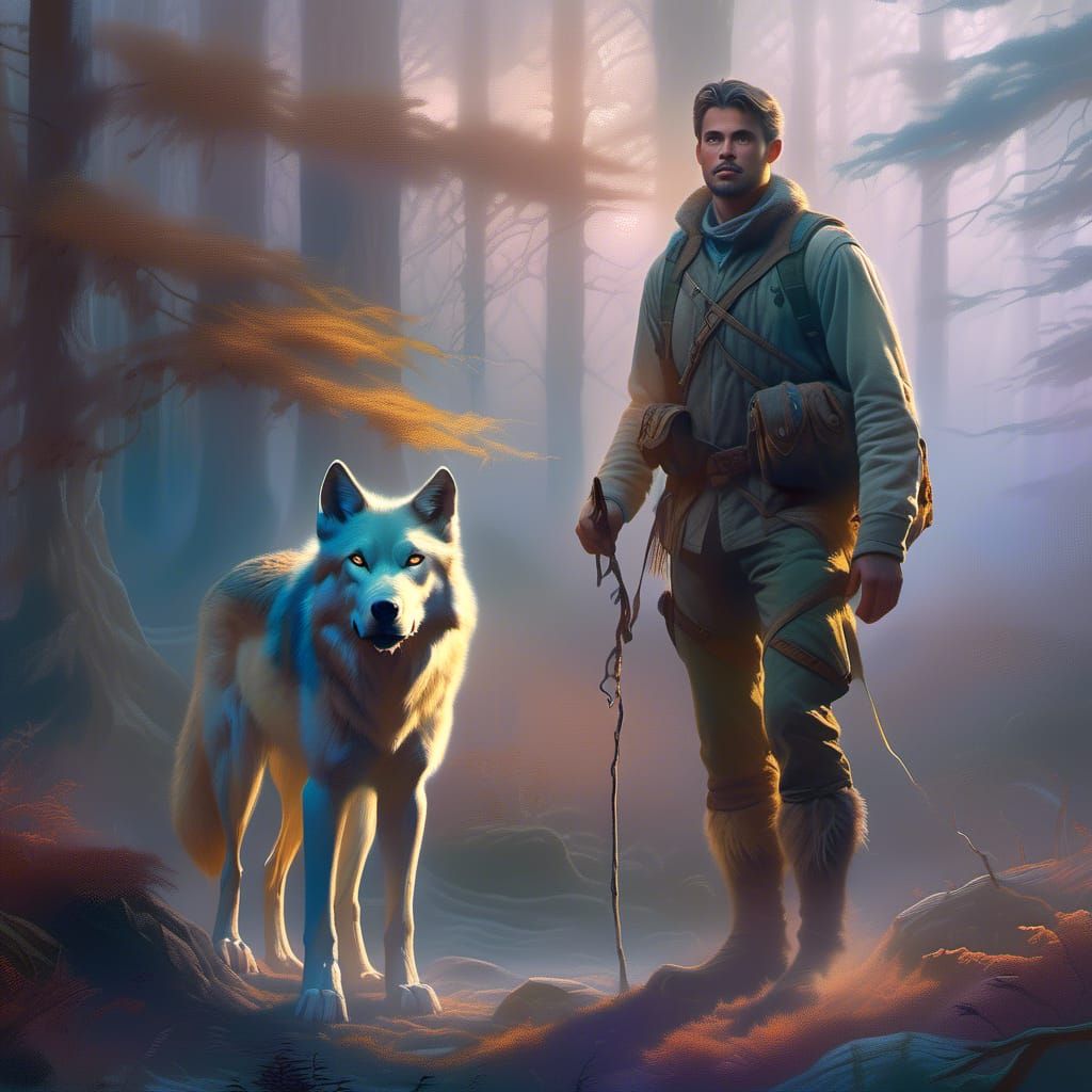 Ethereal Ranger and Spectral Wolf in Misty Forest