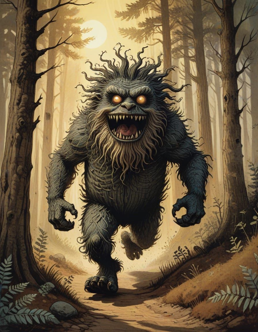 Hairy Monster's Forest Run: Whimsical Ink Illustration
