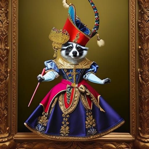 Raccoon Court Jester in Baroque Oil Painting