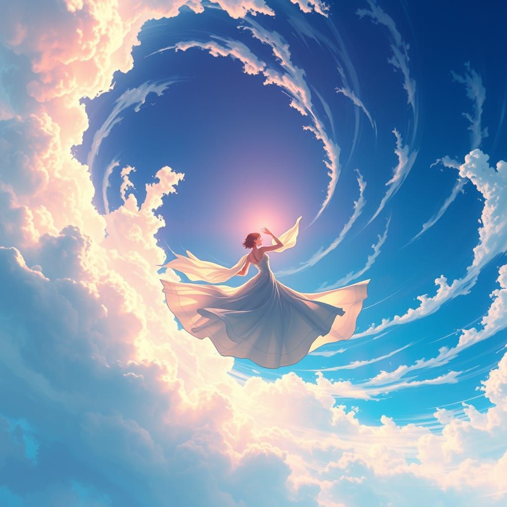 Surreal Anime Goddess Dances in Luminous Clouds