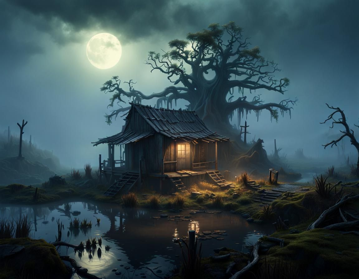 Mysterious Shack in Misty Swamp: Fantasy Concept Art