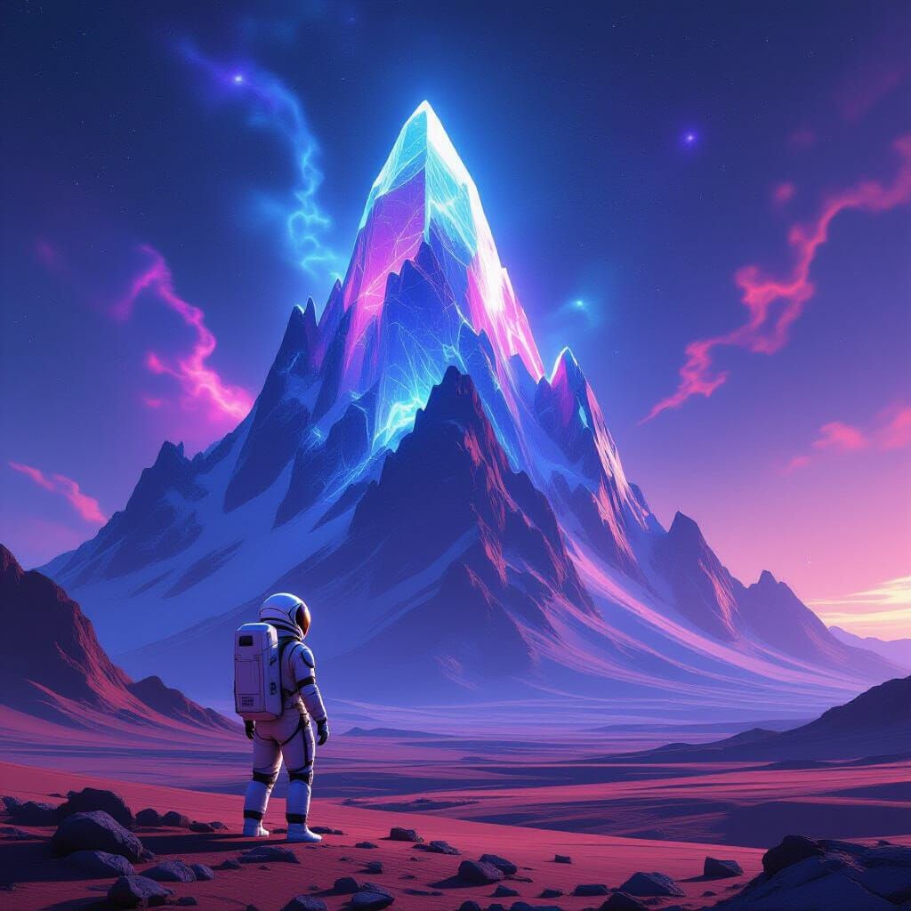 Astronaut Gazes at Crystalline Mountain on Alien Planet